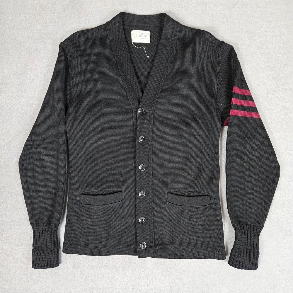 Vintage 50s Lanza Varsity Cardigan Sweater Mens 40 Black Wool Stripe Preppy True